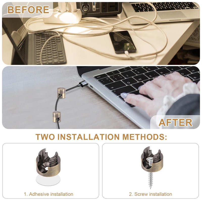 3pcs Cable Anchors for Desk, Phone Charger Cord Holders Metal Adhesive Cable Management Clips Aluminum Wire Organizer for Office Home Desktop Wall Nightstand (Bronze) Bronze