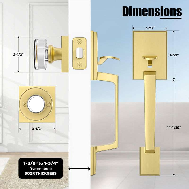 Front Door Handle Set, Front Entry Handleset with Glass Knob No Lock, Exterior Gold Door Handle for Right& Left Handed Doors, Zinc Alloy, Satin Brass Crystal Knob(No Lock)