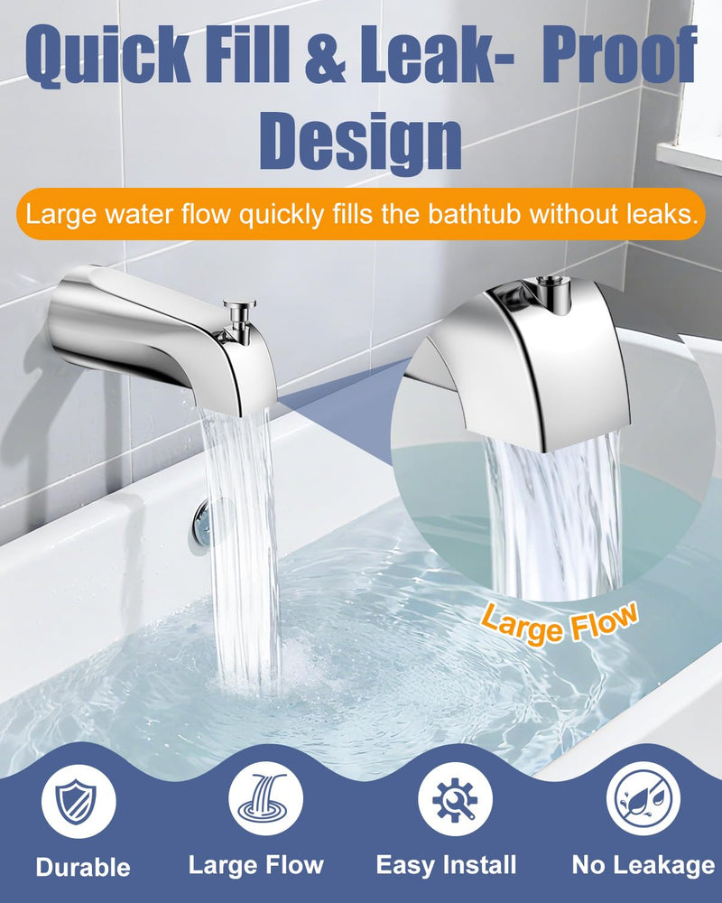 Universal Bathtub Tub Spout with Diverter, Fits 1/2" Slip-Fit Copper Pipe and 1/2" IPS & 3/4" IPS Thread Connections, Bathroom Tub Faucet Replacement with Adapters, PTFE Tape and Hex Wrench (Chrome) Chrome