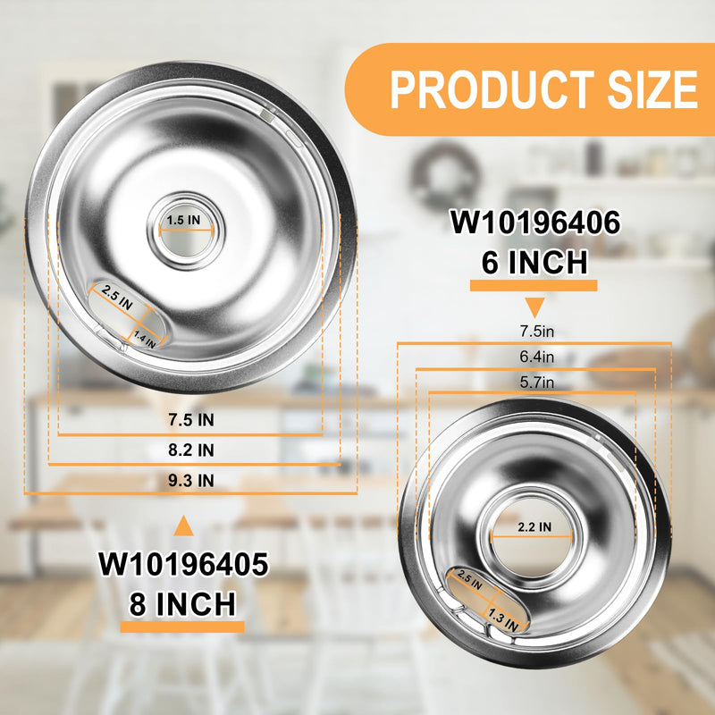 Cenipar W10196405 Range 8 inch drip bowl &W10196406 Range 6 inch drip bowl(3 Pack) chrome plated for Electric Surface Burner Drip Pans
