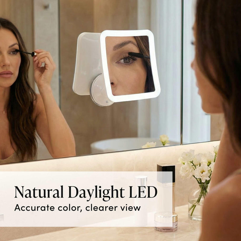 Fancii 10X Magnifying Lighted Makeup Mirror - Daylight LED Vanity Mirror - Compact, Cordless, Locking Suction, 6.5" Wide, 360 Rotation, Portable Illuminated Bathroom Mirror (Square) White