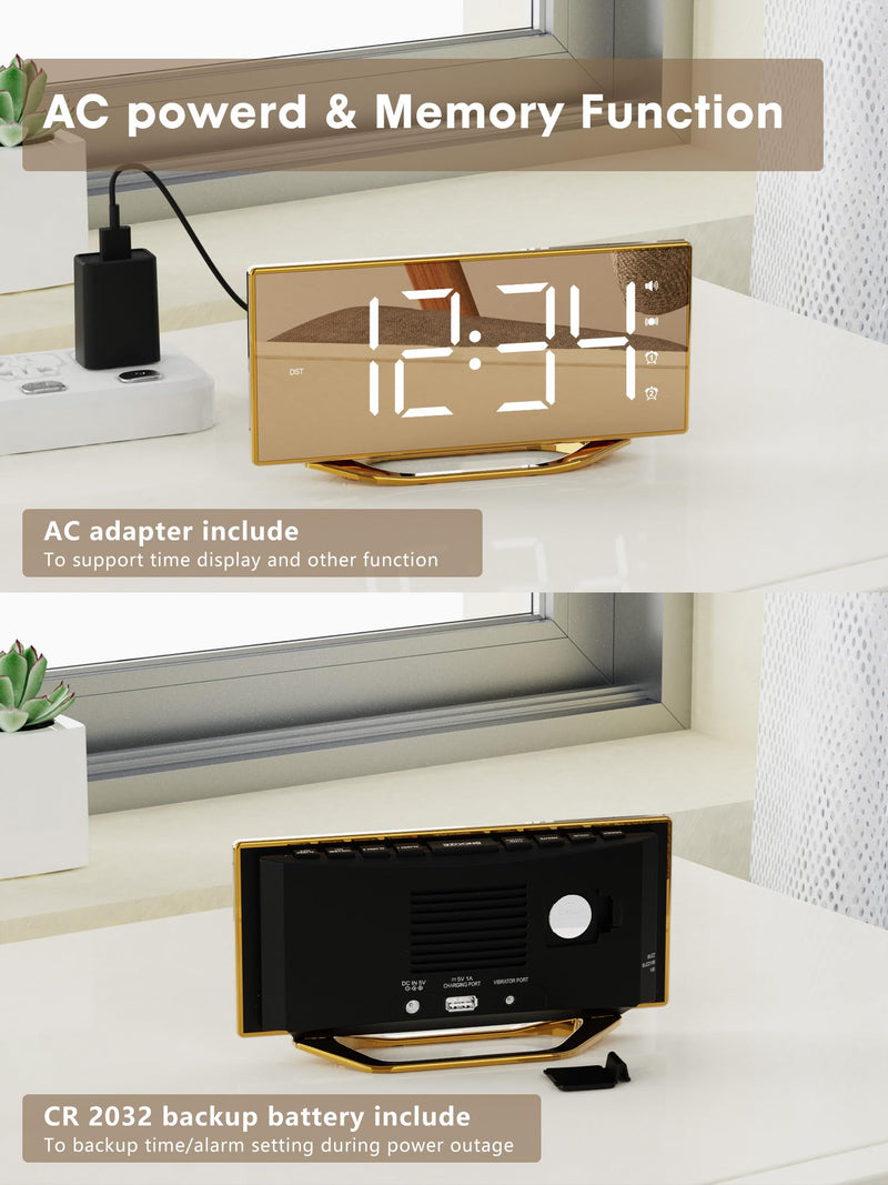 Loud Alarm Clock for Heavy Sleeper, 2 Alarms Big Display Clock with Bed Shaker for Hard of Hearing Deaf,Plug in Bedroom Mirror Clock,Phone Charger,Dimmer,Simple Digital Clock for Senior Adult Teen Kid Gold Surface(with Bed Shaker)