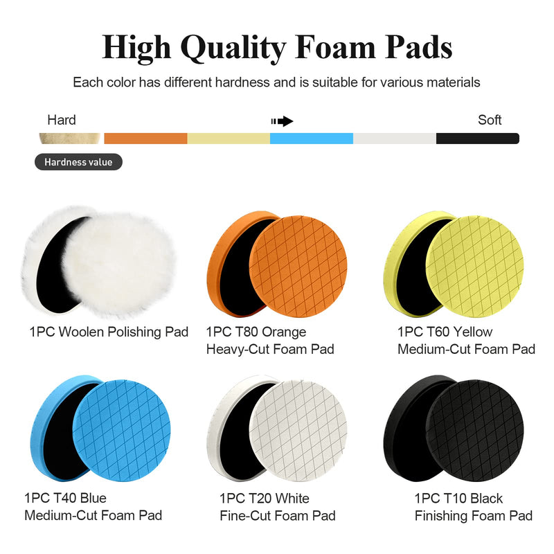 Autolock 7" Buffing Polishing Pads, 6 Pcs 7 Inch 180mm Face for 6.7 Inch Backing Plate, Compound Buffing Sponge and Woolen Pads, Cutting Polishing Pad Kit for Car Buffer Compounding, Polish and Wax 7Inch 6Pcs
