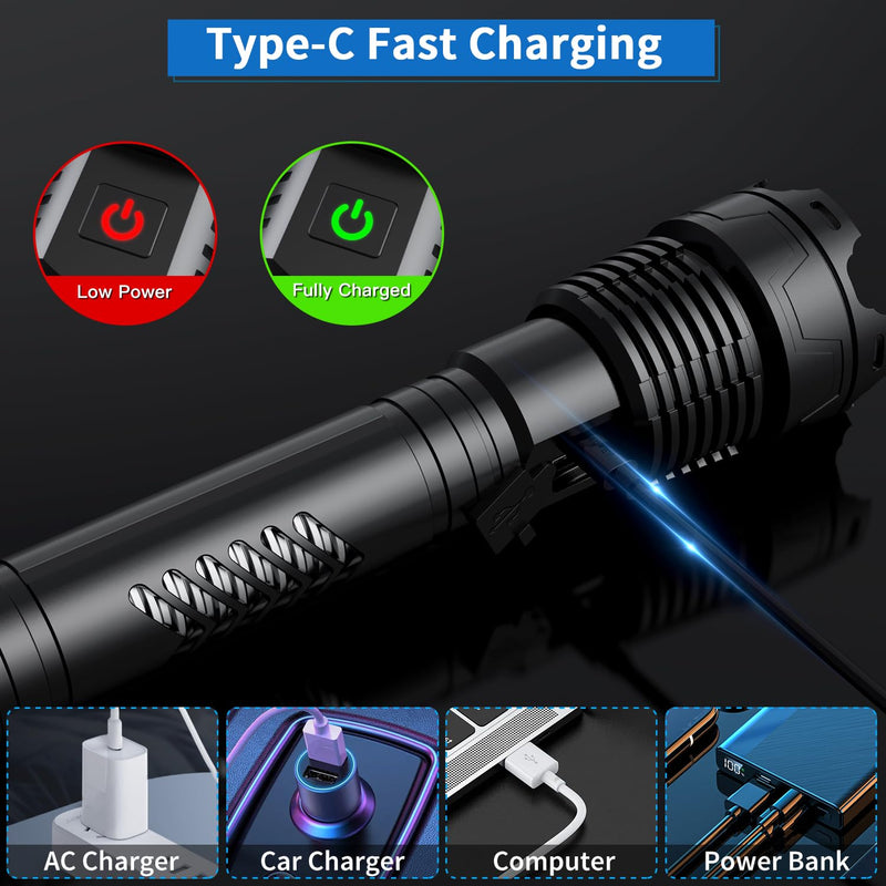 Rechargeable Flashlights High Lumens, 6000 Lumens Super Bright Flashlights with Long Handle, 5 Modes & Zoomable, 10000mAh Waterproof Powerful Handheld Flashlight for Camping Emergency