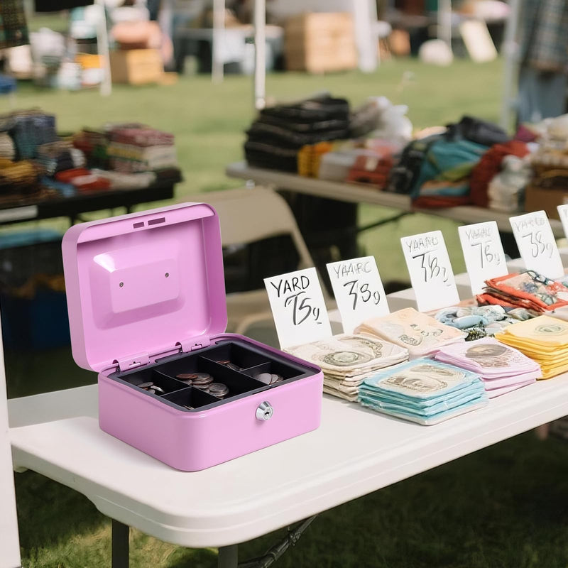 Jssmst Cash Box with Key Lock - Durable Metal Cash Box with Money Tray, Light Purple, Medium