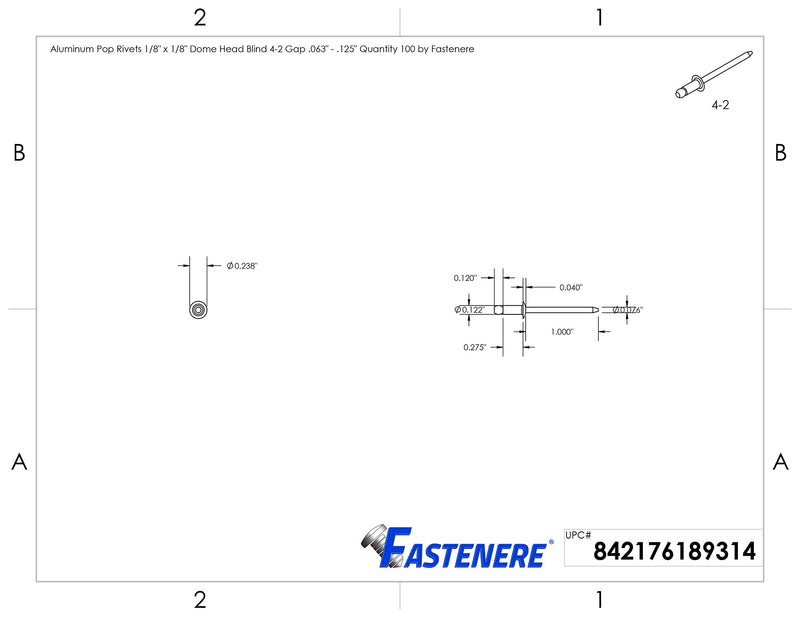 Pop Rivets - 1/8" x 1/8" (100pcs) Heavy Duty, Open-End, Aluminum, Dome-Head Blind Rivets, Corrosion-Resistant,High Tensile & Shear Strength, 4-2 Gap 0.063"-0.125" 1/8" x 1/8" (4-2) (100 Pack)