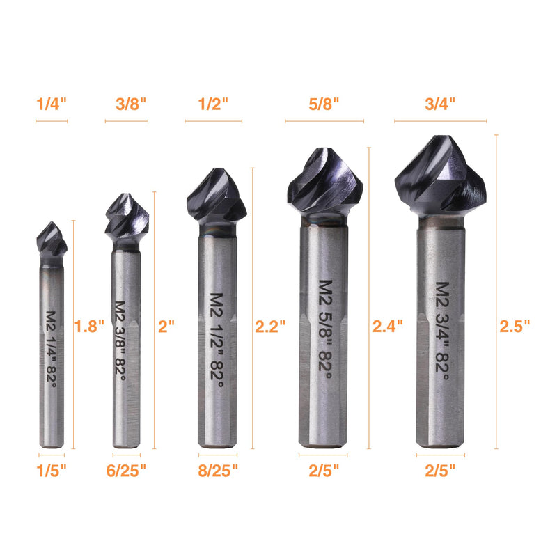 Countersink Drill Bit Set, 5 Pieces M2 High Speed Steel with 82 Degree, 3 Spiral Flutes, Tri-Flat Shank, Cutter Bit Countersink in Size 1/4" 3/8" 1/2" 5/8" 3/4" for Wood, Metal, Plastic... Countersink Set （5 PCS)