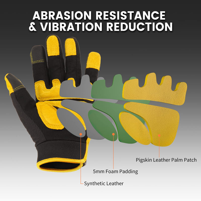 JUMPHIGH Mens Work Gloves, Synthetic Leather Mechanic Gloves Utility Gloves, Touchscreen Working Gloves for Multipurpose, Construction, Warehouse, Truck Driving(Yellow/L) Large Yellow