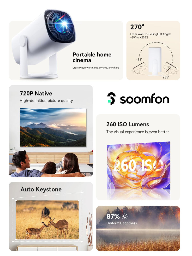 SOOMFON Mini Projector 1080P Support - Portable Small Video Movie Projector Bluetooth 5.1 Auto Keystone Electric Focus for Bedroom/Wall/Home/Outdoor/iPhone/Android/TV Stick SK1 Mini Projector