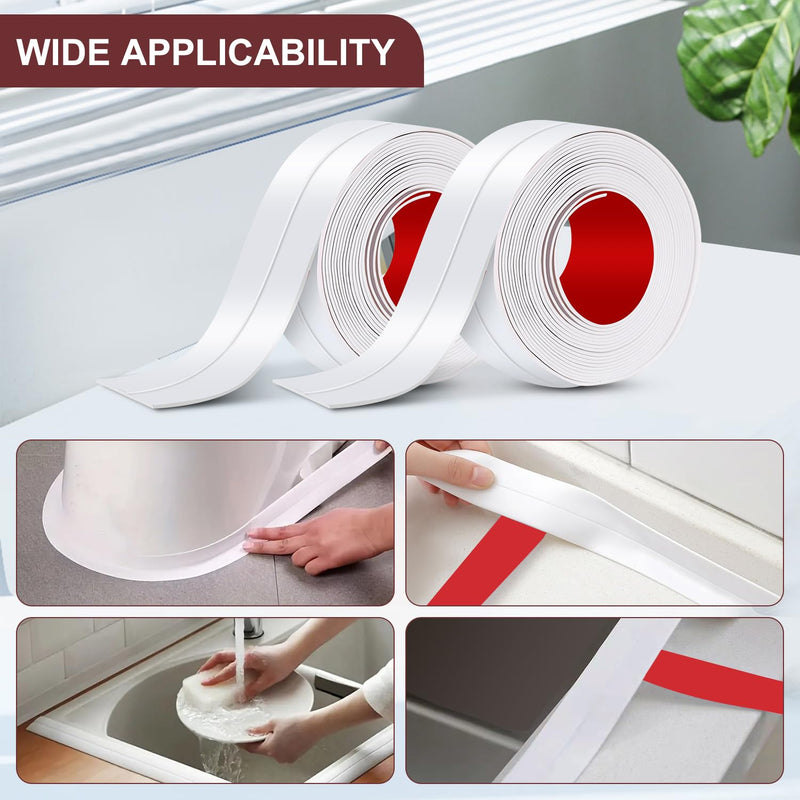 White Caulk Tape Sealant Strip 2 Rolls Waterproof Self Adhesive Caulk Tape Tub and Wall Sealing Strip PVC Caulk Strip Toilet Caulk for Bath & Kitchen Shower Corner Sink Edge Toilet Base