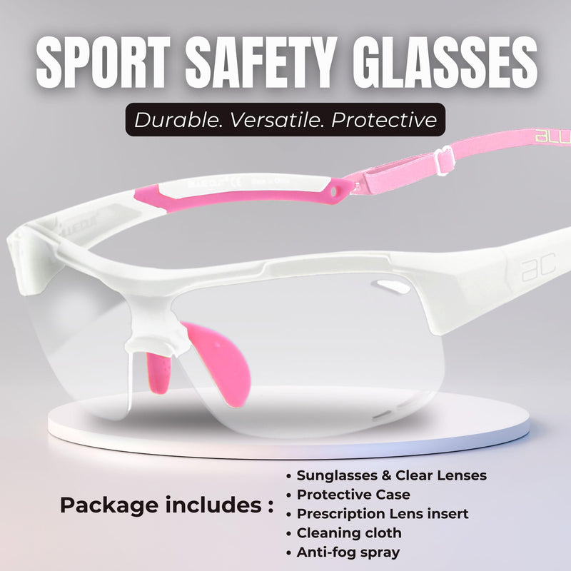 BLUE CUT Sports Safety Goggles Interchangeable Sun Lens Anti Fog UV Protection Indoor Outdoor Pickleball Cycling Basketball White/Pink