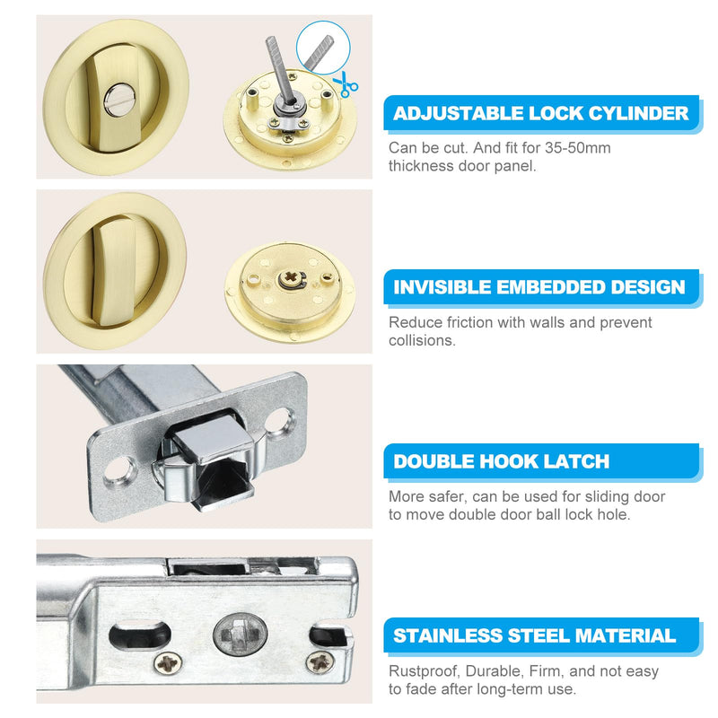 PATIKIL Round Recessed Door Lock, Pocket Door Lock Invisible 2 Sided Hardware Privacy Sliding Door Latch for 1-3/8" to 2" Thickness Door, Gold