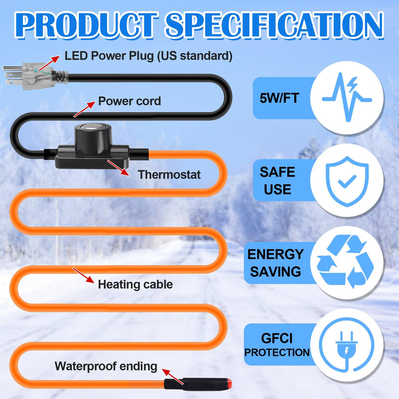 FANOVO Pipe Heat Tape with Thermostat, 12ft Heat Tape for Water Pipes, Heating Tape for Water Pipes or Hose, Self Regulating Heat Tape Cable, for Metal Plastic Pipes and Roof RV Freeze Protection 12FT with Thermostat