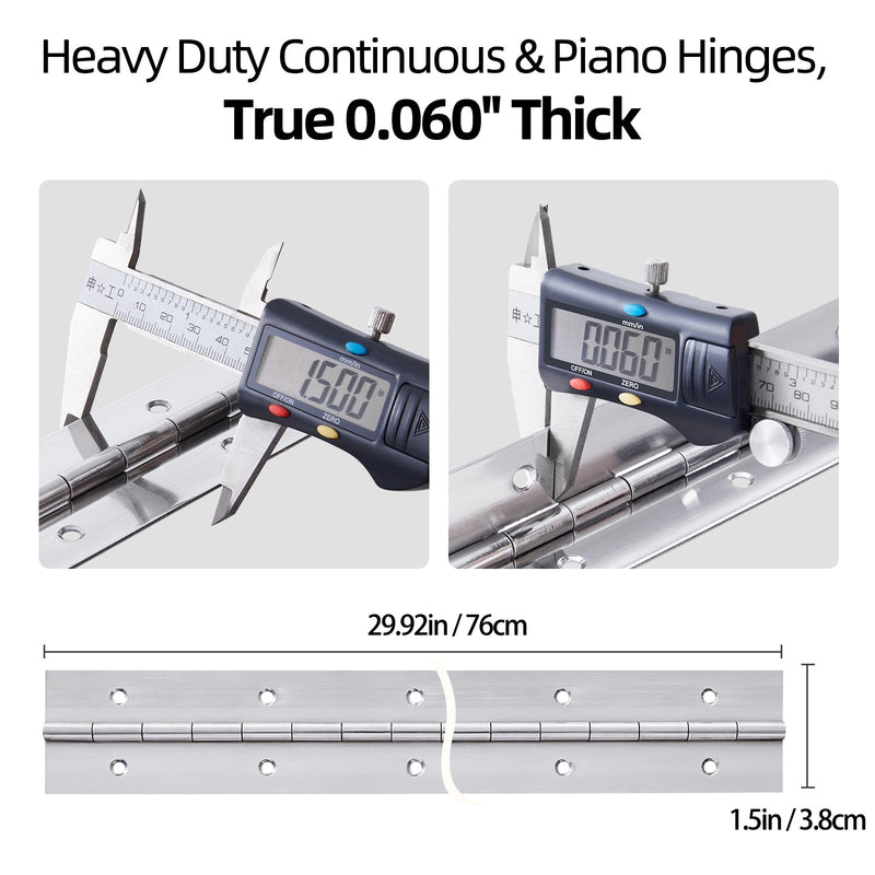 2 Pack Heavy Duty Piano Hinge 30 Inch x 1.5 Inch, 0.060'' Thick Stainless Steel Piano Hinge with Holes, 30" Continuous Hinges for Cabinet Doors DIY Wood Boxes Furniture Industrial Project Silver