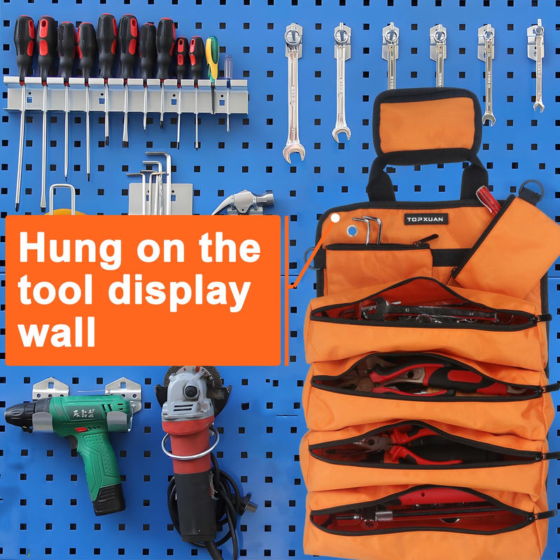 Tool Bag Roll Up 4 Large Zipper pockets 2 detachable pockets for Hand Tools and Small Hardware Organizer Orange Roll Up Tool Bag for Car 13 in
