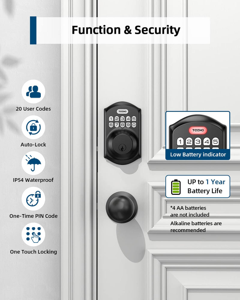 TEEHO TE001K Keyless Entry Door Lock with Handle, Electronic Keypad Deadbolt with 2 Knobs, High-Security Front Door Handle Set for Home & Rental, Smart Auto-Locking, Easy Install, Matte Black