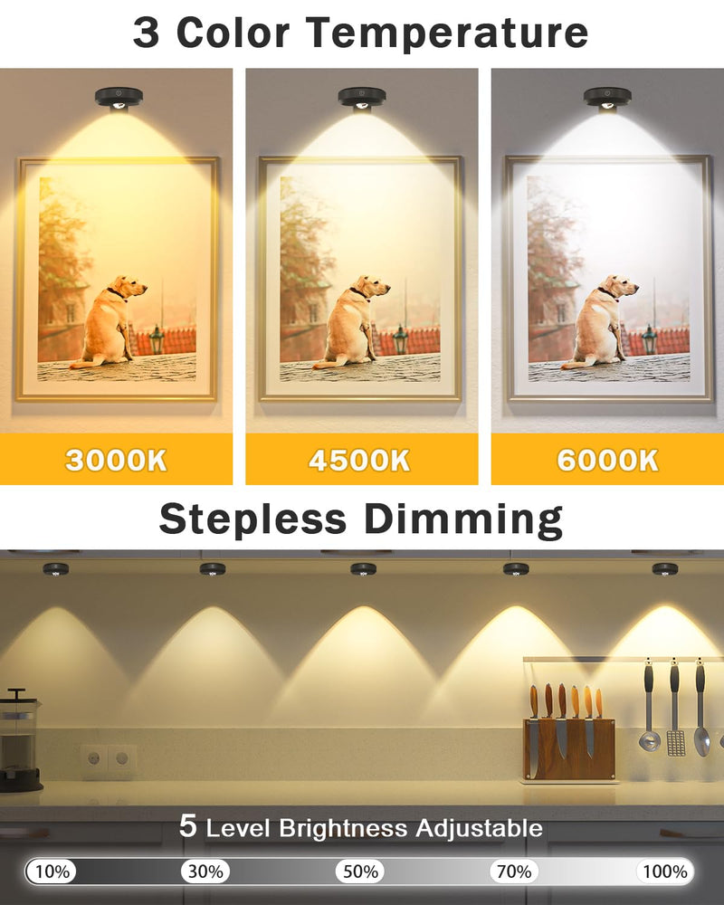 WILLED Picture Lights for Wall, 1200mAh Rechargeable Battery Operated Picture Frame lights, Puck Lights with Remote, Dimmable & Timer Art Lighting for Paintings Wireless, Magnetic Gallery Light/3 Pack 1-Black 3000K-6000K Narrow Beam