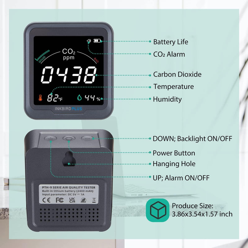 INKBIRDPLUS Ndir Air Quality Monitor Indoor with Battery Powered | 3 in 1 Detect for CO2 & Temperature & Humidity | for Home, Office, RV, Grow Tent (PTH-9C) CO2, Temperature, Humidity