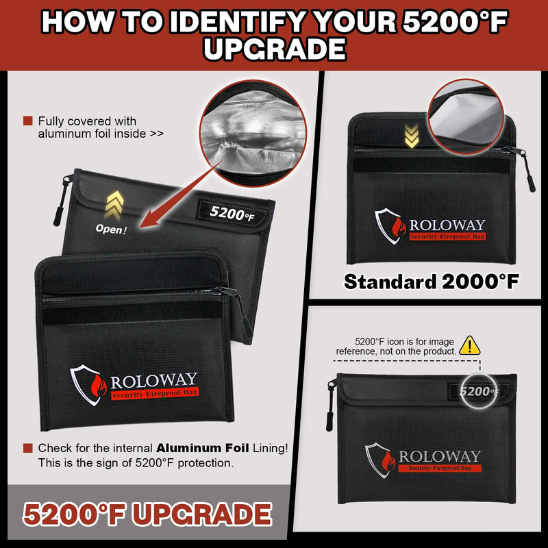 ROLOWAY Fireproof Bag (9.6 x 6.6 inches) 5200℉ Heat Insulated, Fireproof Money Bag with Zipper for Cash (2-Pack Black) 9.6 x 6.6 inch 5200℉ Black Bag