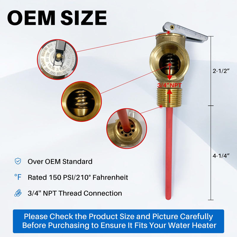 Upgrade 3/4" NPT Thread 210°F 150 PSI Temperature Pressure Relief Valve for Suburban RV Water Heaters, Thickened Brass Safety Valve for Hot Water Heaters and Tanks with Extended Probe 0.75 Inch