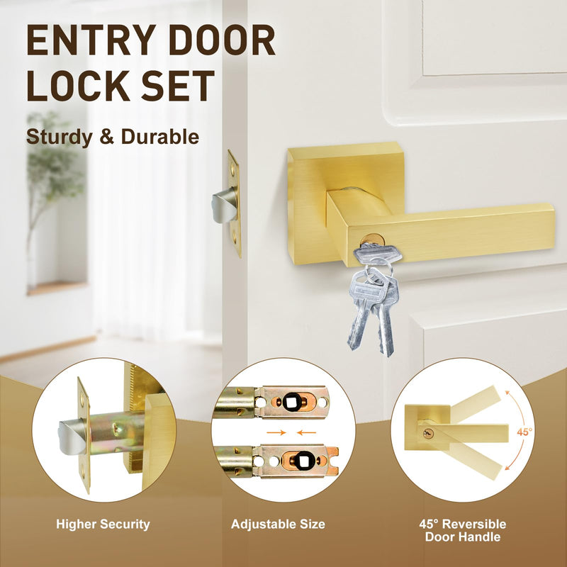 2 Pack Golden Polished Brass Door Lever with Lock and Different Keys,Unlock New Home Style，Reversible for Bedroom, Bathroom & Front Door 2 Pack