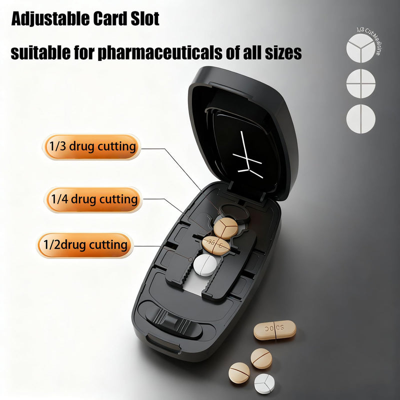 Pill Cutter Splitter for Small and Tiny Pills - Pill Cutter 1/4 - Accurately Cuts Multiple Pills - Easy Open Snap Button. Detachable Nonslip V-Shaped Pad. Wrap-Around Blade Guard. Back Storage (Black) Black