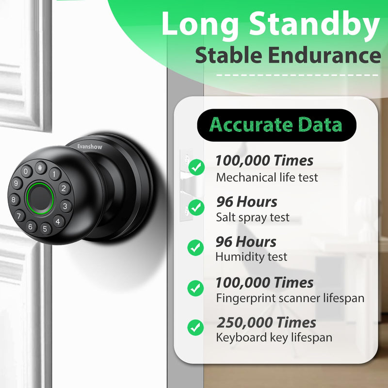 Smart Door Knob Fingerprint Lock 4-in-1 Keyless Entry (Fingerprint/App/Code/Key) Biometric Door with Auto-Lock Easy Install for Home/Bedroom/Office