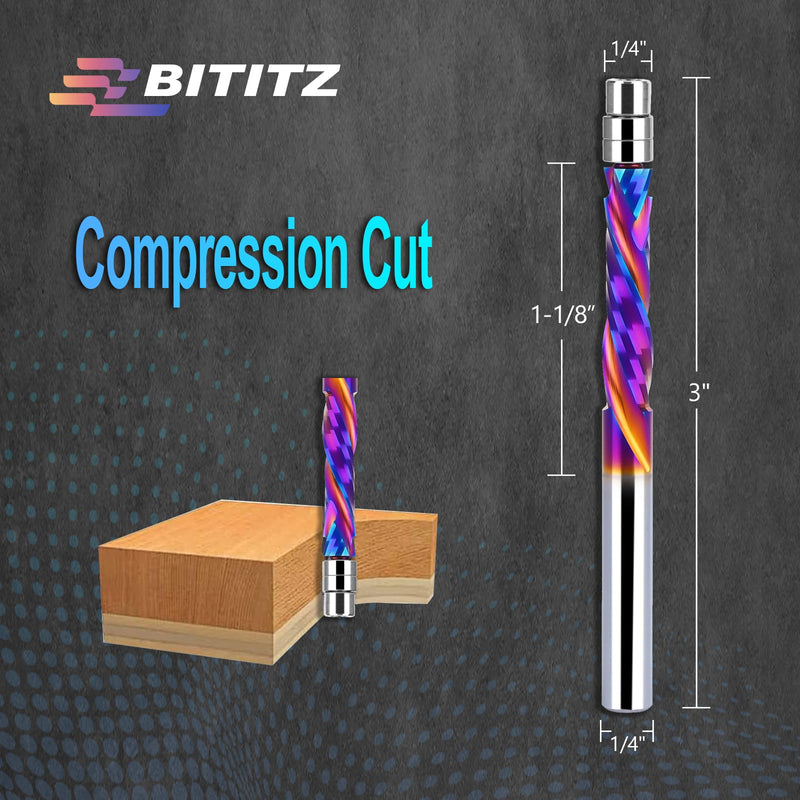2PCS Up & Down Cut Spiral Flush Trim Router Bit 1/4 Inch Shank 1/4 Inch Cutting Diameter, CNC Router Bits End Mill for Wood Cutting, Slot Mortise, Engraving 2 pieces COMPRESSION CUT