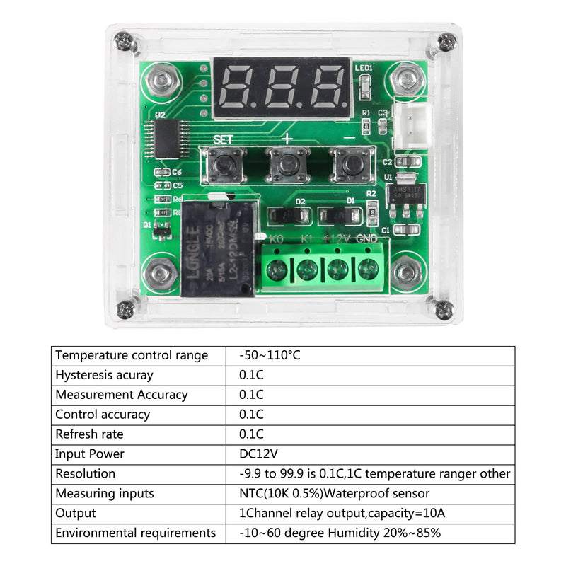 6pcs W1209 12V DC Digital Temperature Controller Board with Case Micro Digital Thermostat -50-110°C Electronic Temperature Temp Control Module Switch with 10A One-Channel Relay and Waterproof Blue 12V BLUE