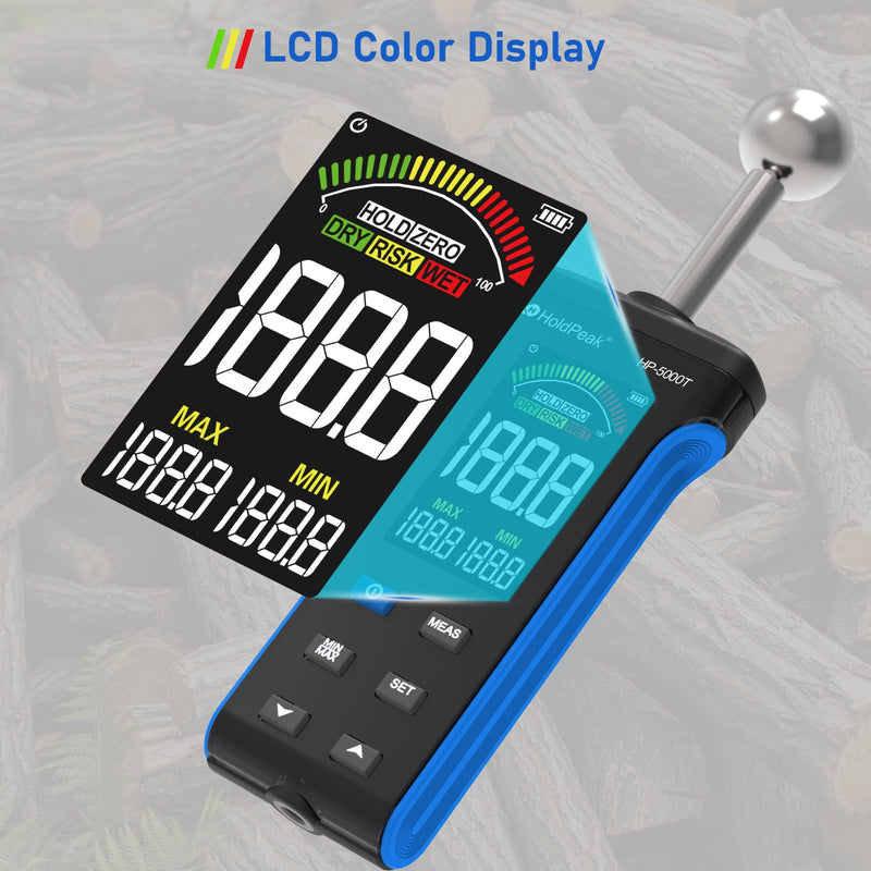 HOLDPEAK Pinless Wood Moisture Meter, Non-Destructive Moisture Meter for Wood, Concrete, Floors, Walls, Measuring Depth 20-40mm Digital Moisture Meter with Masonry-Spherical Sensor, Large LCD Display