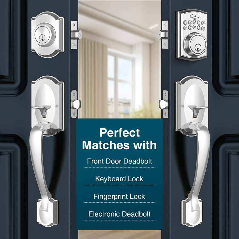 Front Door Handle No Lock, Entry Door Handle Exterior with Interior Reversible Handle Lever, Lower Half Grip, Single Cylinder, Door Handle Sets for Right or Left Handed Door, Satin Nickel