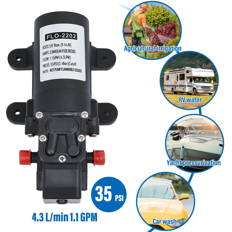 NovelBee 12V 1.1 GPM Water Pressure Diaphragm Pump,35 PSI Self Priming Pump Water Pump for Caravan Boat Marine Agricultural