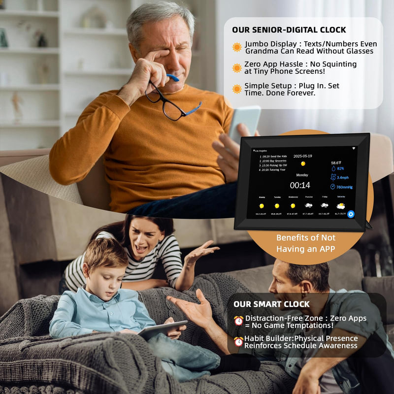 Digital WiFi Clock for Seniors,Touch Screen Clock with Auto Time Sync, 7-Day Weather, 64 Custom Alarms, Digital Calendar Desk Clock for Home, Office, Bedroom (10.1inch NO APP)