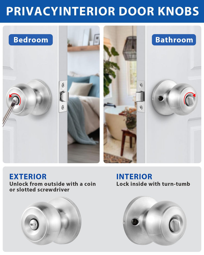 Lanwandeng 5 Pack Interior Door Knobs for Bedroom or Bathroom Keyless, Brushed Nickel Privacy Door Knob, Round Ball Bath/Bed Door Locks Satin Nickel
