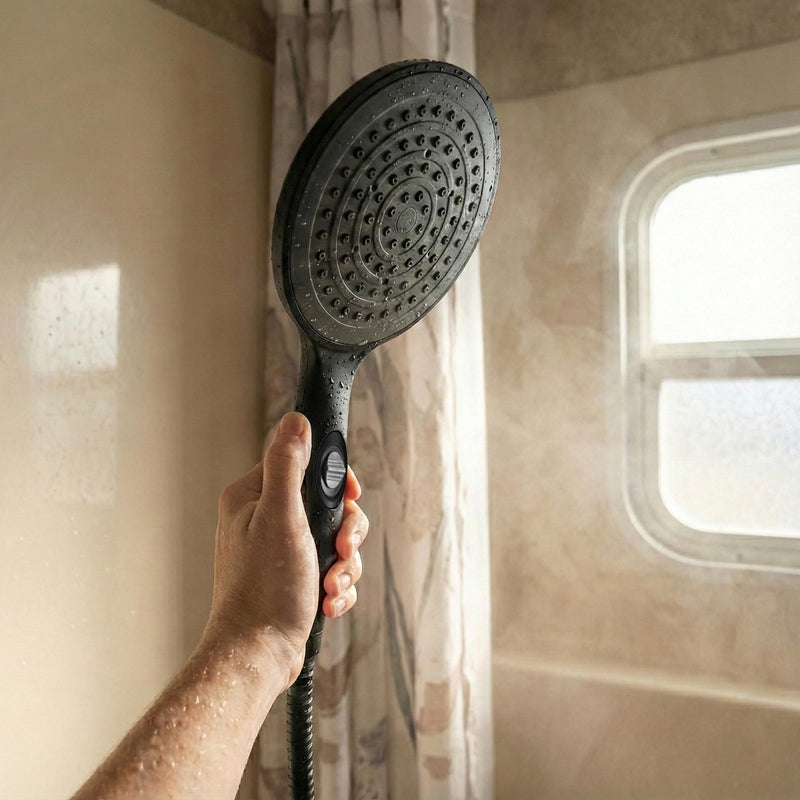 Dura Faucet DF-SA434-MB RV 6 inch Rain Shower Wand (Matte Black) | Single-function handheld spray with water-saving control. Fits standard RV shower hoses. Matte Black