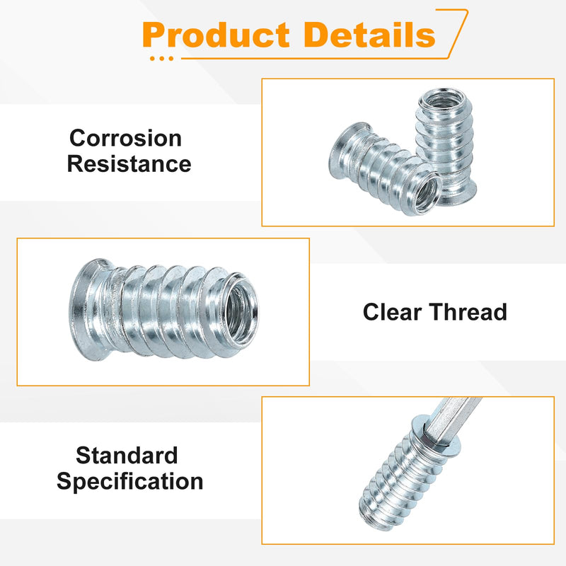 uxcell 100 Pcs Threaded Insert for Wood, 1/4" - 20 Carbon Steel Threaded Studs Hex Socket Drive Nut Inserts Screw in Nut Fastener Connector with Hex Wrench 20mm Length for Home, Silver 1/4"-20x20mm