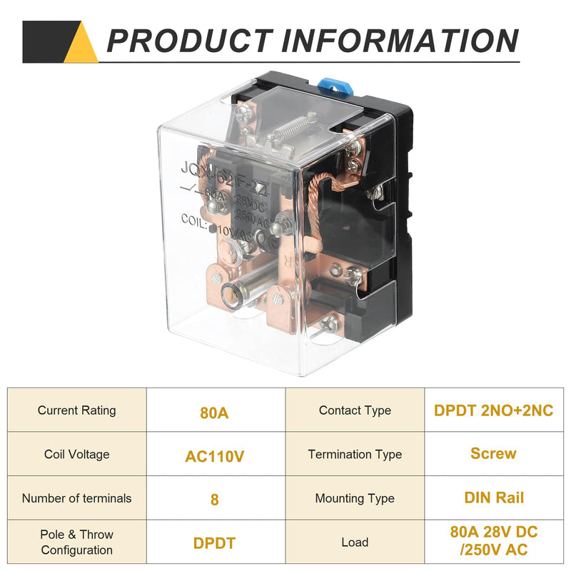 PATIKIL AC110V 80A Electromagnetic Relay, High Power Relay DPDT 2NO 2NC 8 Terminals Din Rail Mounting