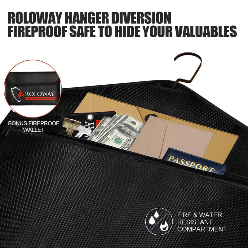 ROLOWAY Hanger Diversion Fireproof Safe, Hidden Compartment for Home & Travel, Secret Safe for Cash Hiding Under Clothes with Small Fireproof Bag 17.5 x 16.5 Inch Fireproof Hanger Safe with Fireproof Bag