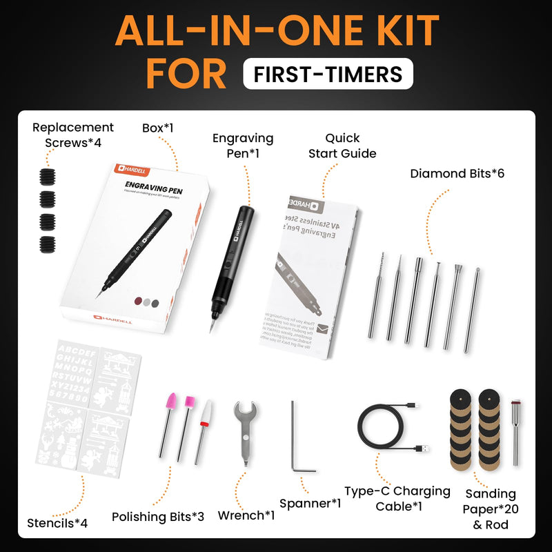 HARDELL Engraving Pen 6 Speed, USB-C Rechargeable Engraving Tool, Electric Engraving Pen Kit with 41 Accessories for Metal, Wood, Glass and Plastic, Cordless Engraving Pen Set for DIYer & Beginner Black