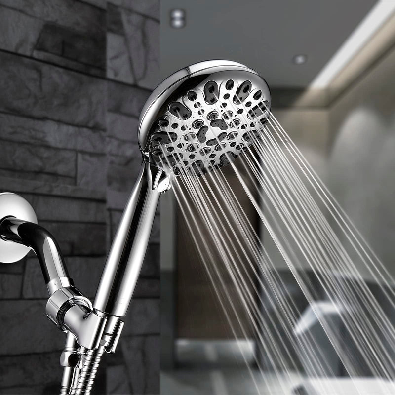 Handheld Shower Head, 6 Spray Setting High Pressure Shower Head with Brass Swivel Ball Bracket and Extra Long Stainless Steel Hose, Chrome, 5" Brass,Elegant