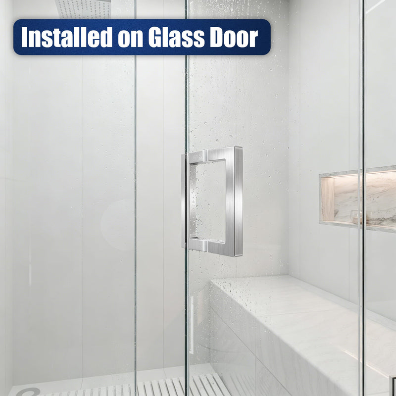 Ranbo 6" Center-to-Center Brushed Nickel Glass Shower Door Handle, Back-to-Back Square Tube Pull, Fits 1/4" to 3/4" Glass and 1-3/8" to 2-3/16" Wood Doors, 1.0mm Thick 304 Stainless Steel 6 Inch