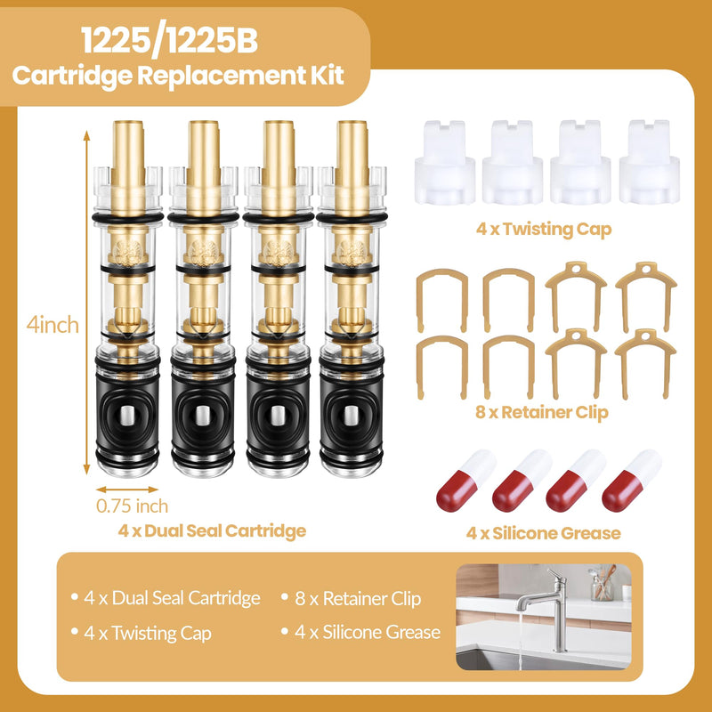 4 Pack 1225 Replacement Cartridge Compatible with Moen Single Handle Faucet/Showers, Dual Seal 1225/1225B Shower Cartridge Replacement Fits Bathroom Shower and Kitchen Sink Faucet Cartridge
