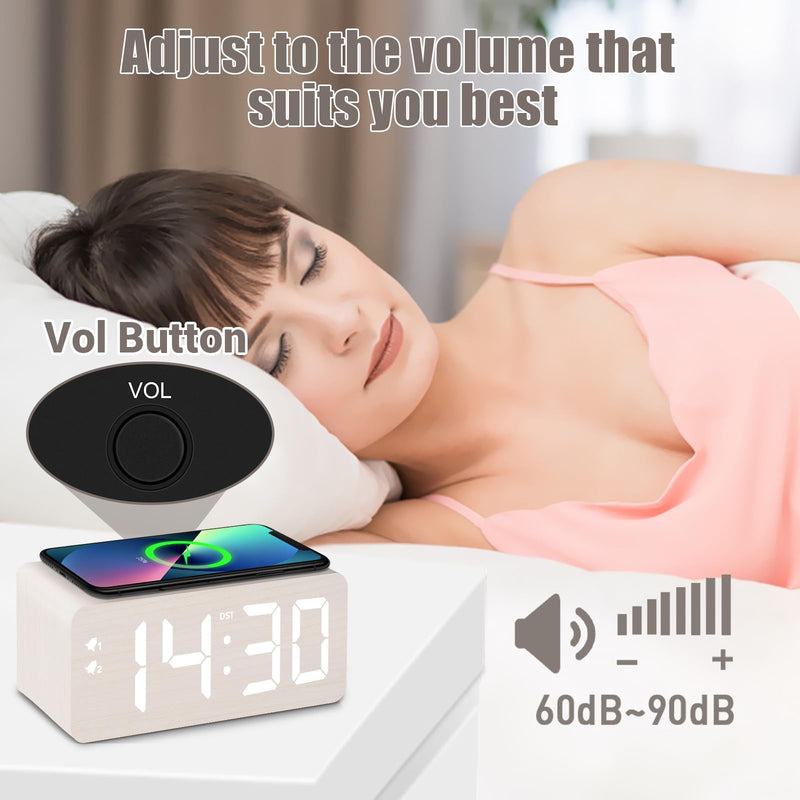 Wooden Digital Alarm Clock, 10W Fast Wireless Charger Station & 2 USB Charging Ports, with 0~99% Dimmer, Dual Alarm, Weekday/Weekend Mode, Wood LED Clock for Bedroom, Desk, Office White