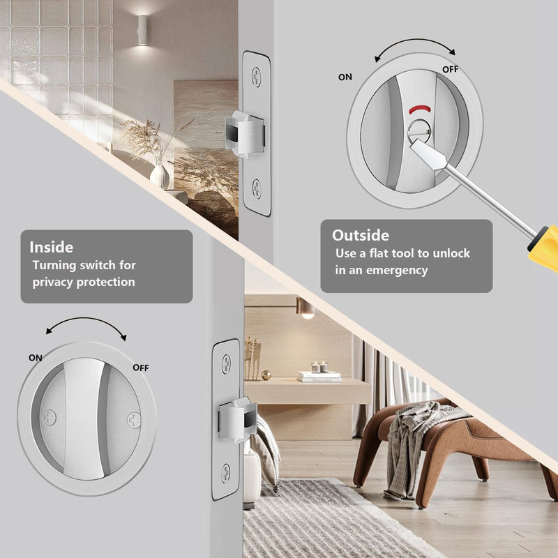 Round Pocket Door Lock with Indicator,1 Pack Satin Nickel Contemporary Privacy Pocket Door Hardware,Flush Pocket Door Latch(2-3/8" Backset) for 1-3/5" to 2-1/8" Thickness Door,Brushed Nickel Round Lock with Indicator - 1 Pack Brushed Nickel