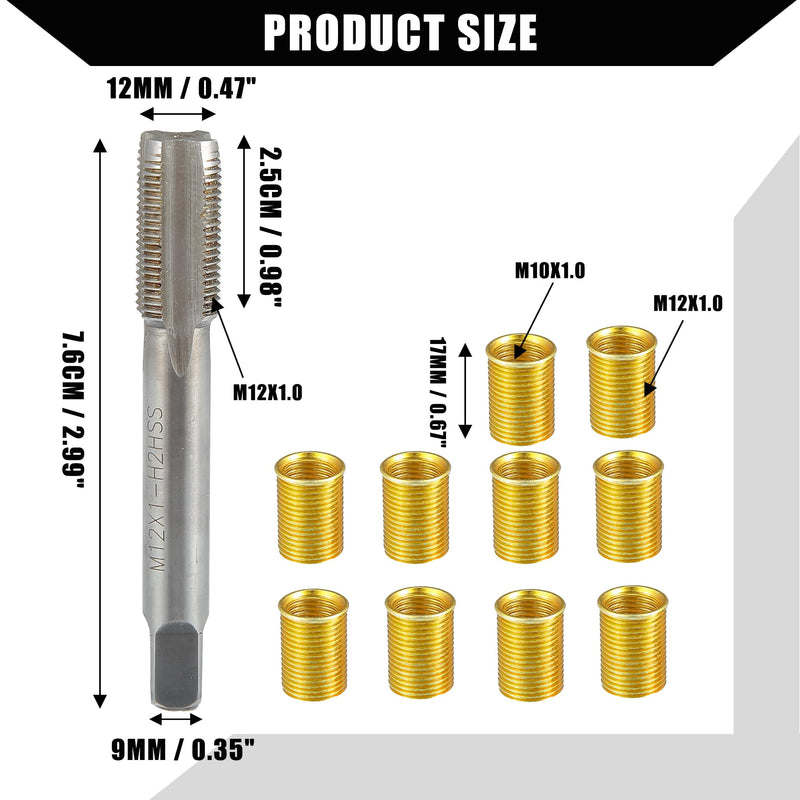 Outer/Universal Spark Plug Thread Repair Tools with M10x1.0 Inner Thread Inserts and M12x1.0 Tap/Durable/Metal / 1 Set/Gold Tone