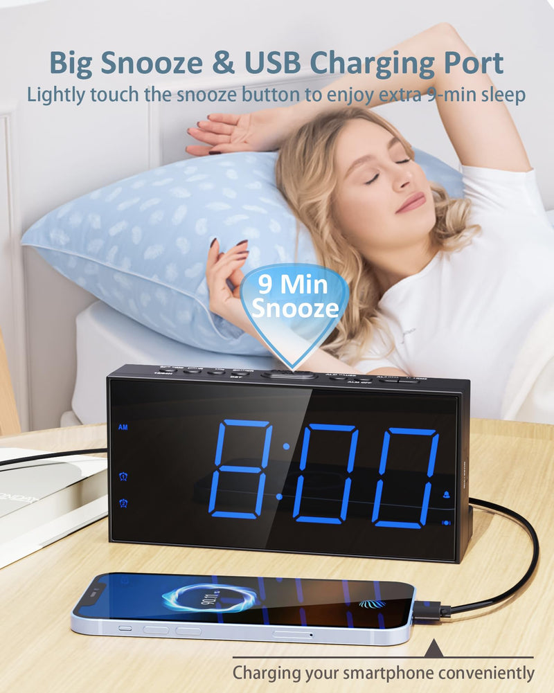 Roxicosly Loud Alarm Clock with Bed Shaker, Vibrating Alarm Clock for Heavy Sleepers/Hard of Hearing/Deaf,Dual Alarms, 7.5’’ Large LED Display, Dimmer, USB Charging Port, Plug-in with Memory Function with Bed Shaker & Thin Font Blue Digits, Thin Font