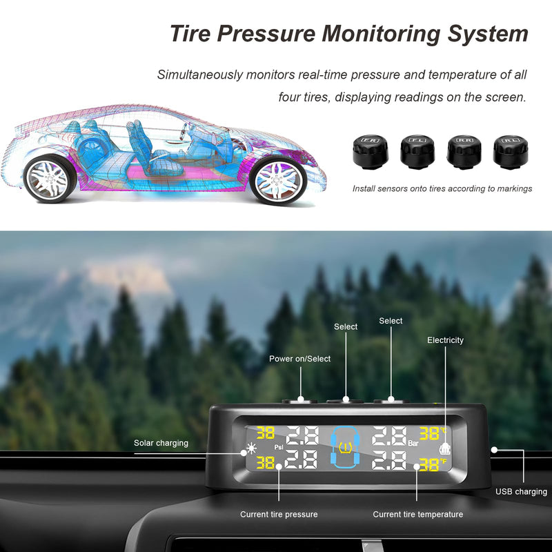 Tire Pressure Monitoring System, Wireless Tire Pressure Monitor with Solar/USB Charger & 4 External Sensors, 6 Alarm Modes Real-time LCD Display TPMS for Car Trailer Truck