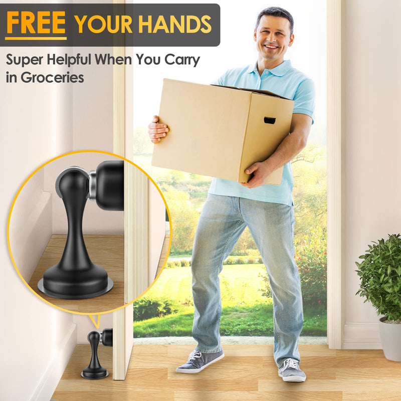 Door Stoppers Magnetic Door Catch - 2 Pack Stainless Steel Heavy Duty Door Holder Stops for Bottom Top of Door - Wall Floor Mounting No Drill 3D Adhesive & Screws Strong Magnet Keep Door Open 2 Pack-Black