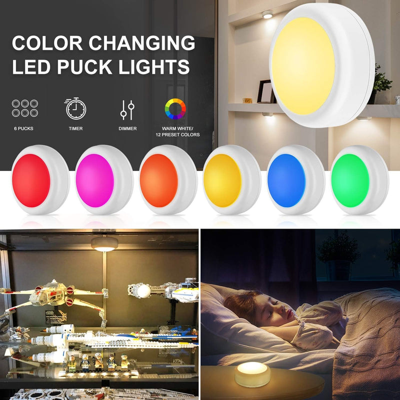 BLS LED Puck Lights with Remote Control, Wireless Under Cabinet Lighting, Battery Powered Lights, Stick on Lights, Color Changing Lights with Dimmer and Timer, AA Battery Operated Closet Light, 6 Pack RGB -6 Pack(White Shell)