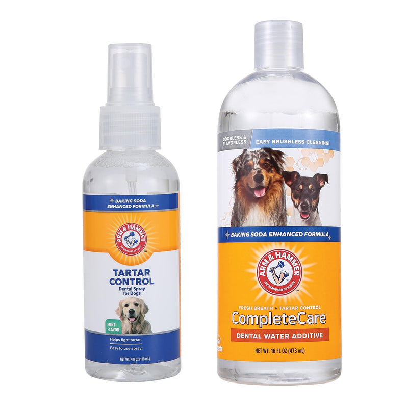 Arm & Hammer Dog Dental Care Bundle | Tartar Control Mint Dental Spray (4 oz) & Complete Care Flavorless Water Additive (16 oz) for Fresh Breath and Plaque Removal